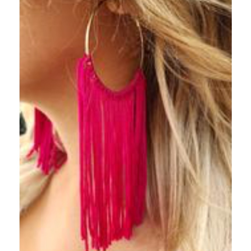 New fringe pink gold hoops statement earrings